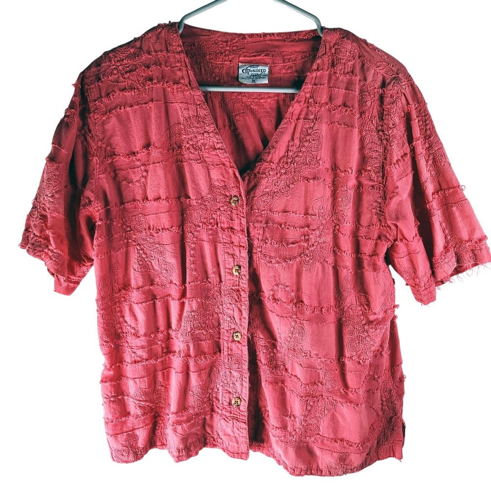 Women Short Sleeve Shirt Shaggy Cottonseed Casual USA SZ M Boho Y2K Distressed